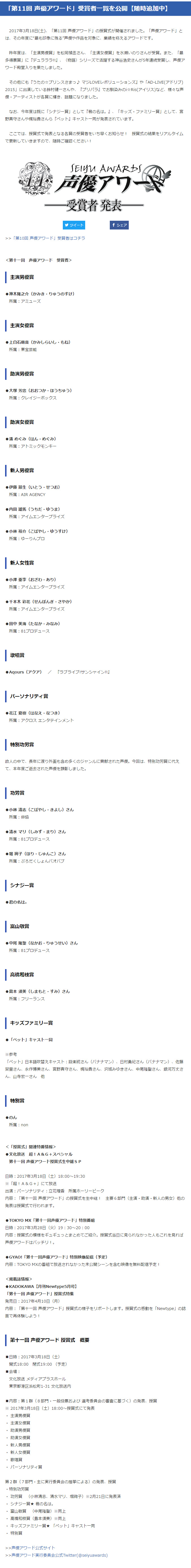 第11回声优赏获奖名单公布,《你的名字。》成最大赢家-ANICOGA